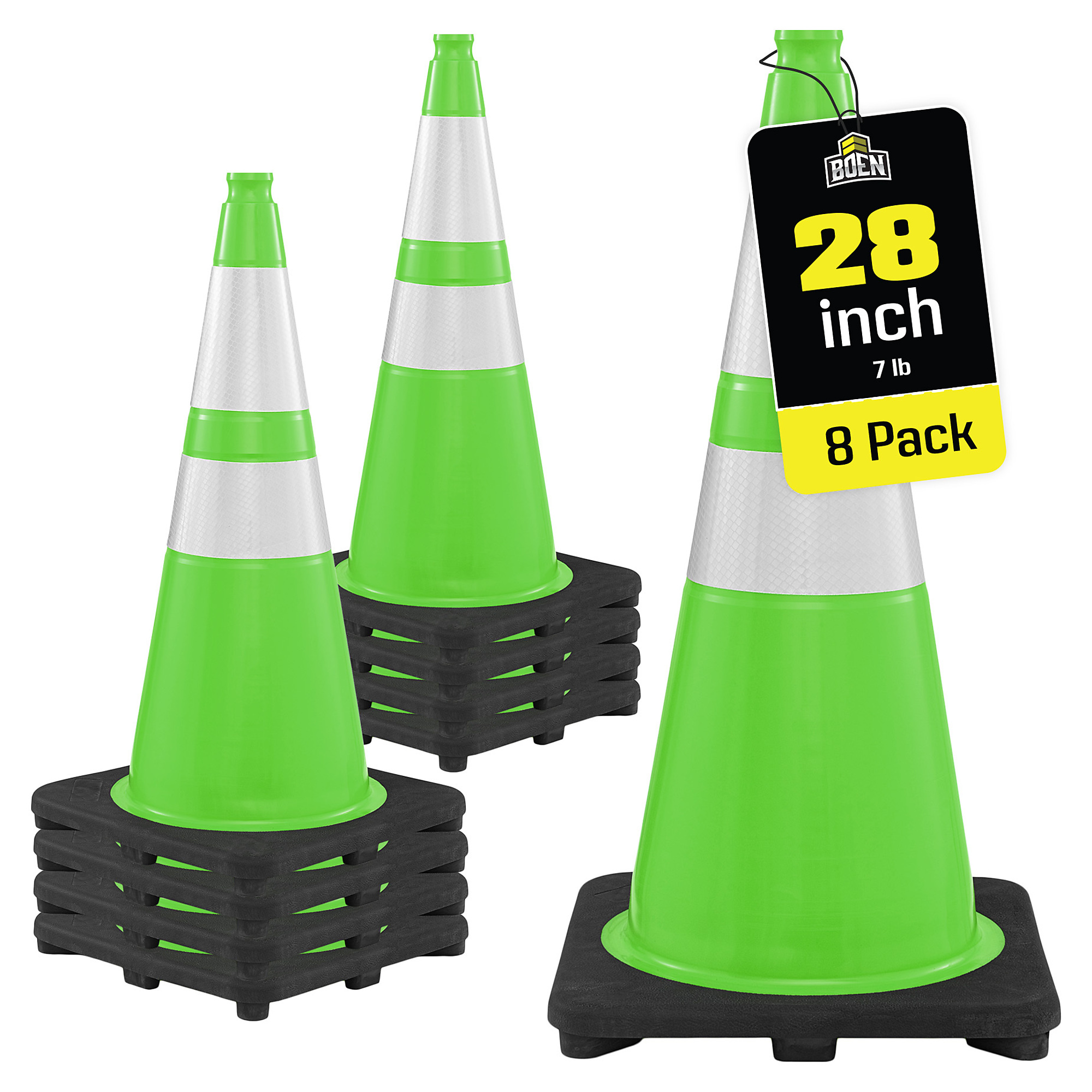 Boen 28 in, Lime Green Traffic Cones, 8-Pack, Traffic Cones with 2 Reflective Collars & 7 lb, Base for Road Work, Parking & Traffic Control